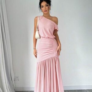 Summer Elegant Solid Color High Slit Oblique Shoulder Mesh Dress